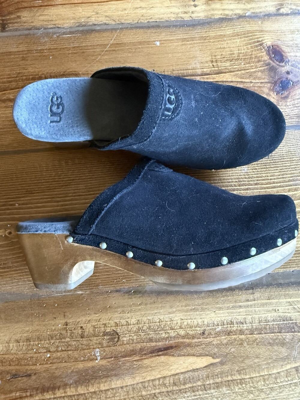 Ugg Abbie Wooden Mules Clogs Shoes Black Suede Heel Size 2